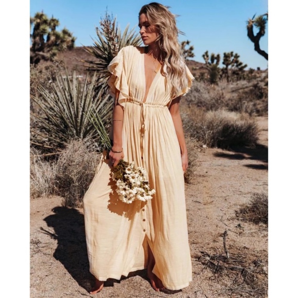 SOLD OUT Cream Gauze Boho Raw Hem Button Maxi Dress - Picture 3 of 11
